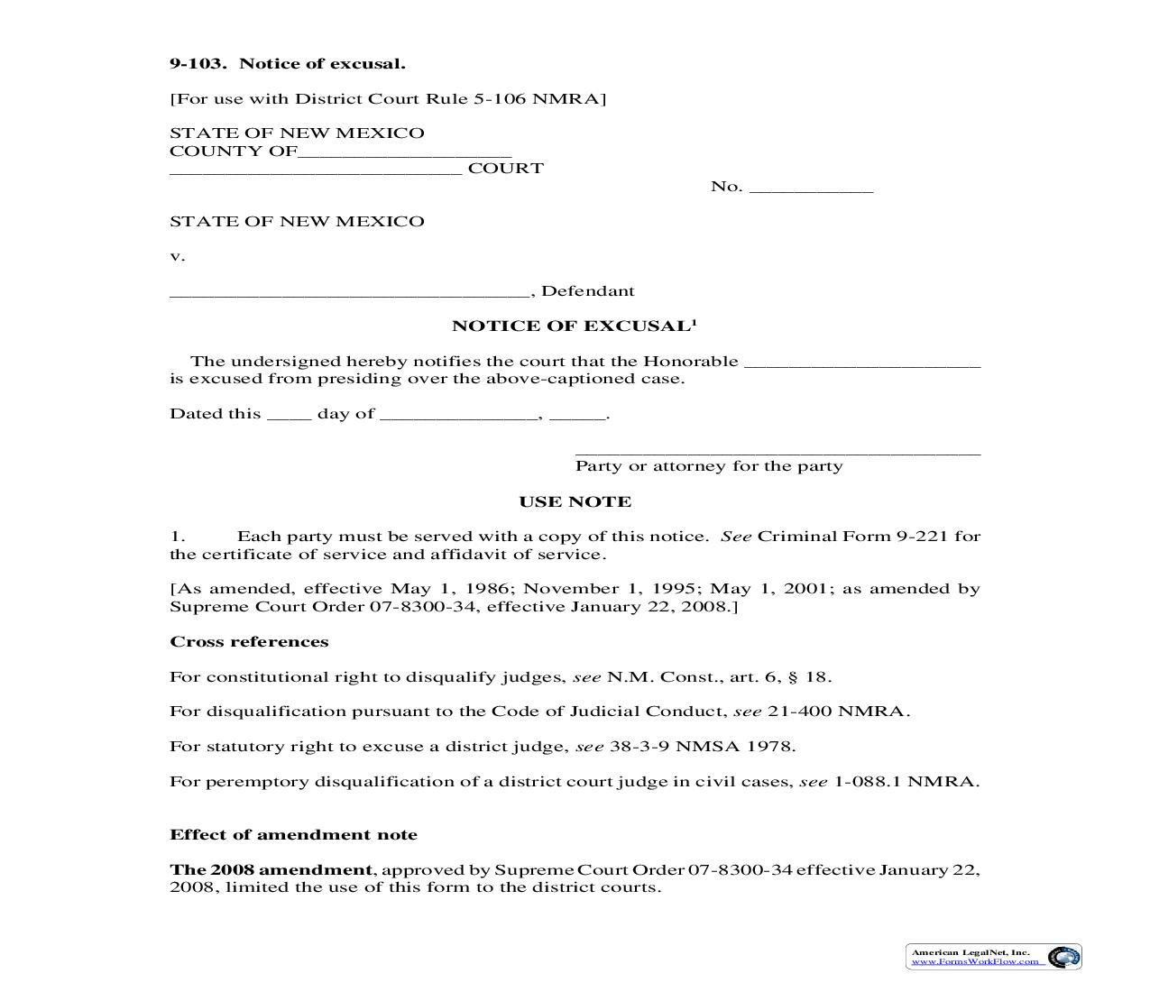 Notice Of Excusal {9-103} | Pdf Fpdf Doc Docx | New Mexico
