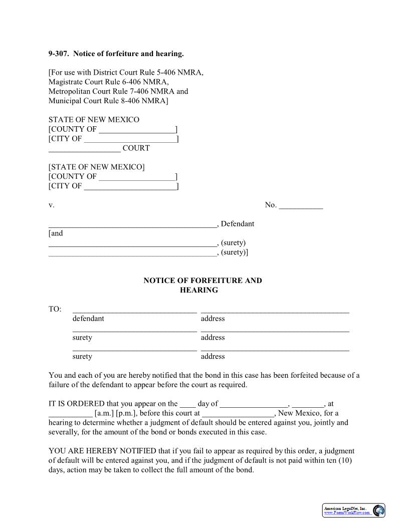 Notice Of Forfeiture And Hearing {9-307} | Pdf Fpdf Docx | New Mexico