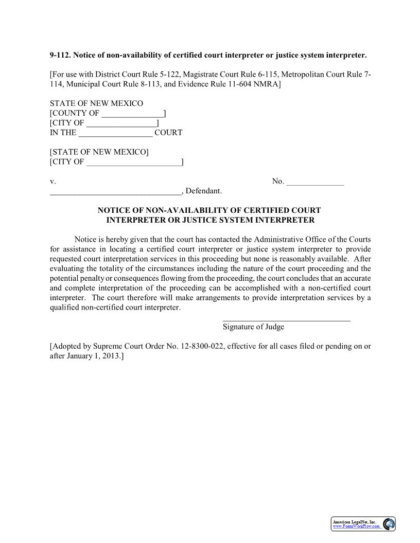 Notice Of Non-Availability Of Interpreter {9-112} | Pdf Fpdf Docx | New Mexico