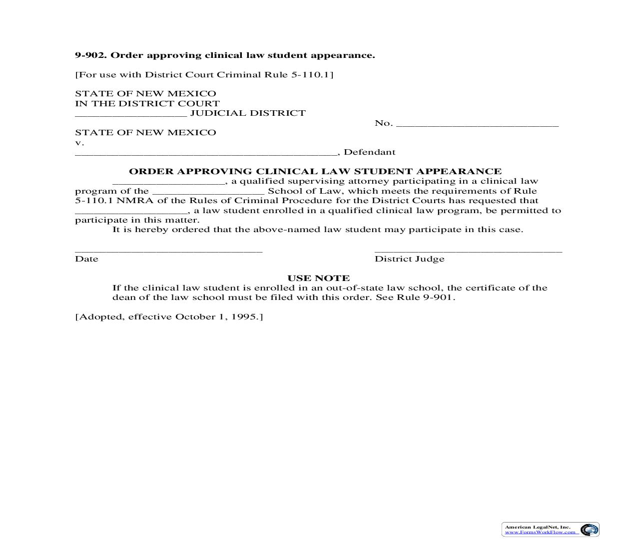 Order Approving Clinical Law Student Appearance {9-902} | Pdf Fpdf Doc Docx | New Mexico