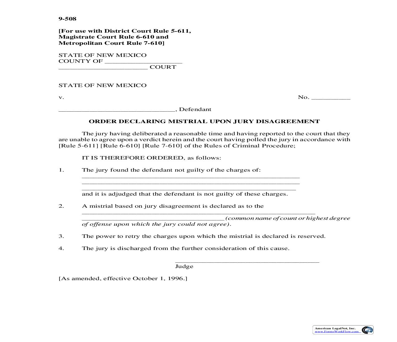Order Declaring Mistrial Upon Jury Disagreement {9-508} | Pdf Fpdf Doc Docx | New Mexico
