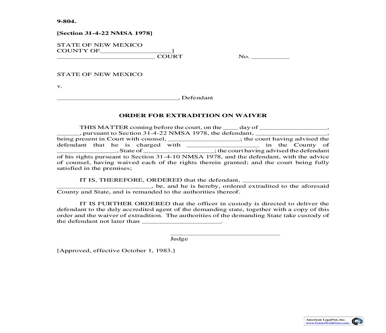 Order For Extradition On Waiver {9-804} | Pdf Fpdf Doc Docx | New Mexico