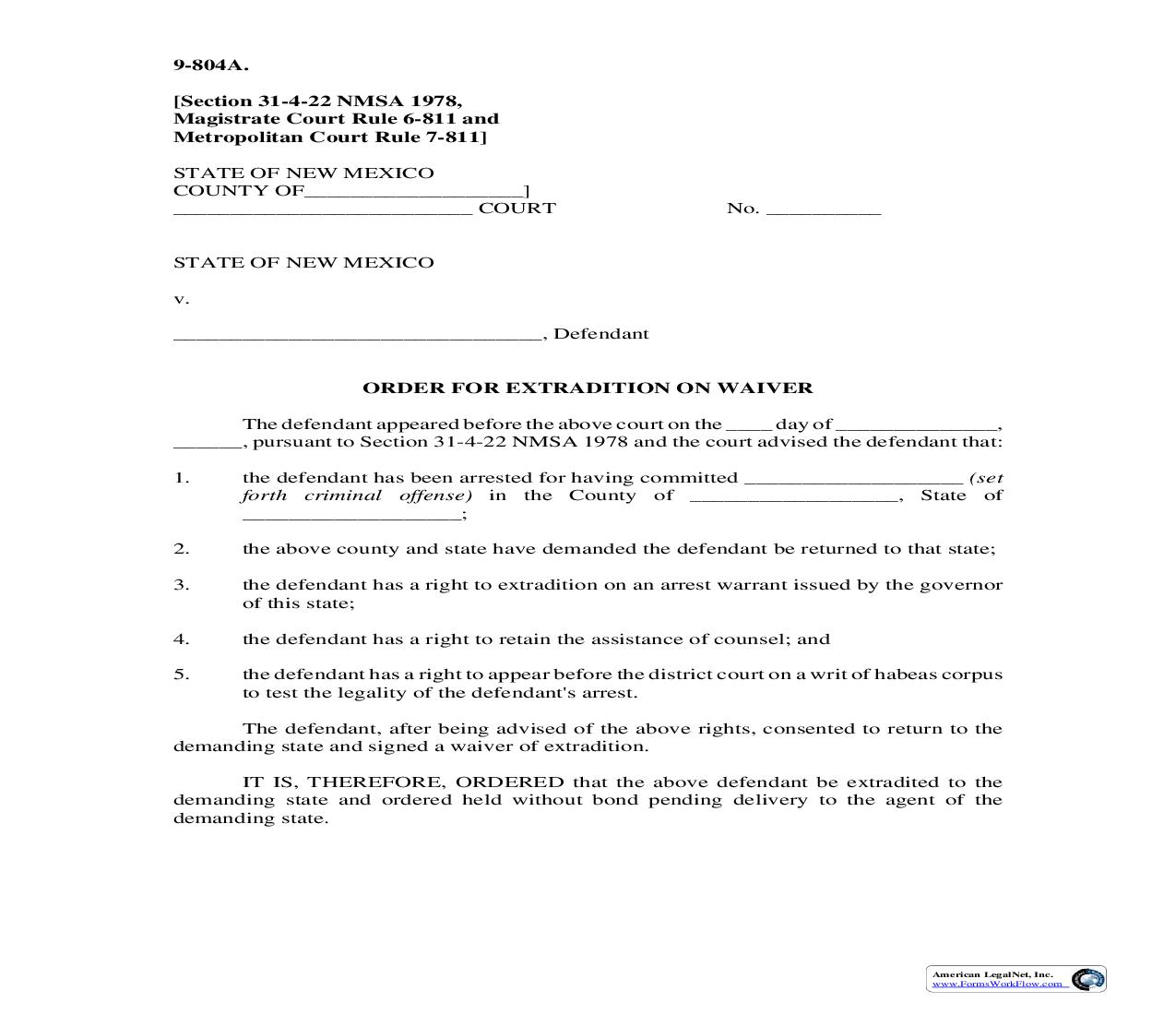 Order For Extradition On Waiver {9-804A} | Pdf Fpdf Doc Docx | New Mexico