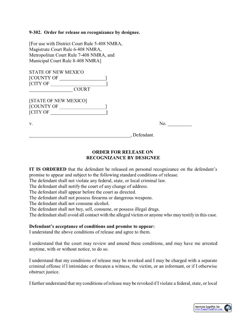 Order For Release On Recognizance {9-302} | Pdf Fpdf Docx | New Mexico