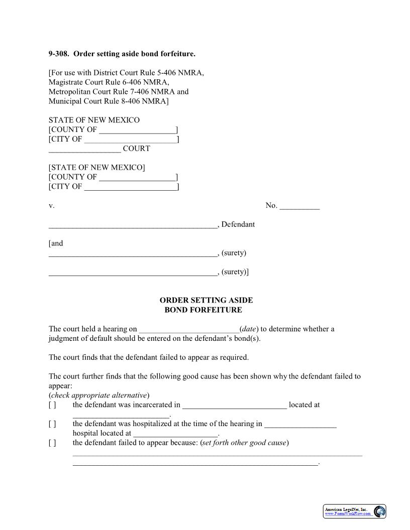 Order Setting Aside Bail Bond Forfeiture {9-308} | Pdf Fpdf Docx | New Mexico