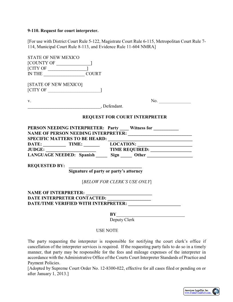 Request For Court Interpreter {9-110} | Pdf Fpdf Docx | New Mexico