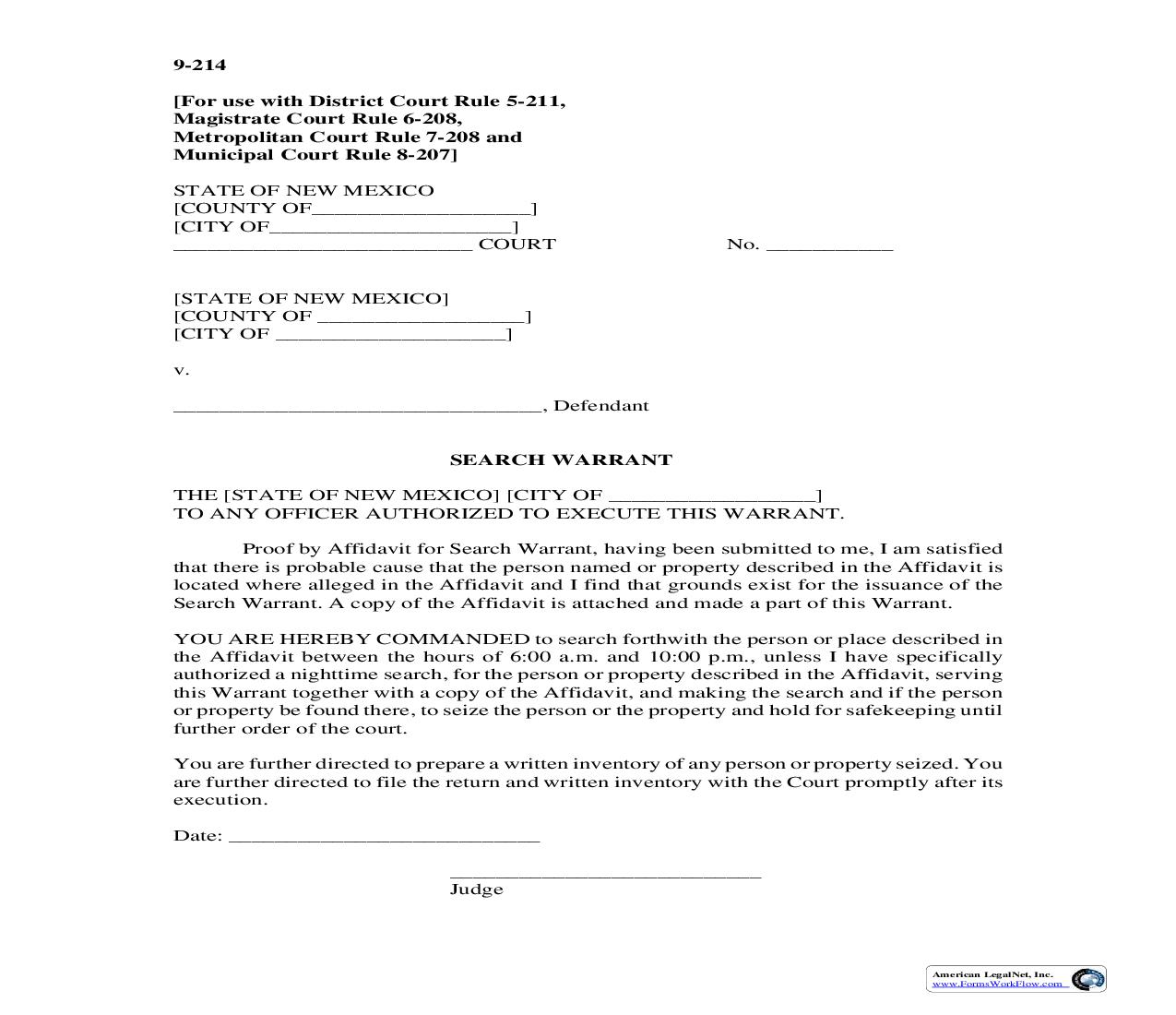 Search Warrant {9-214} | Pdf Fpdf Doc Docx | New Mexico
