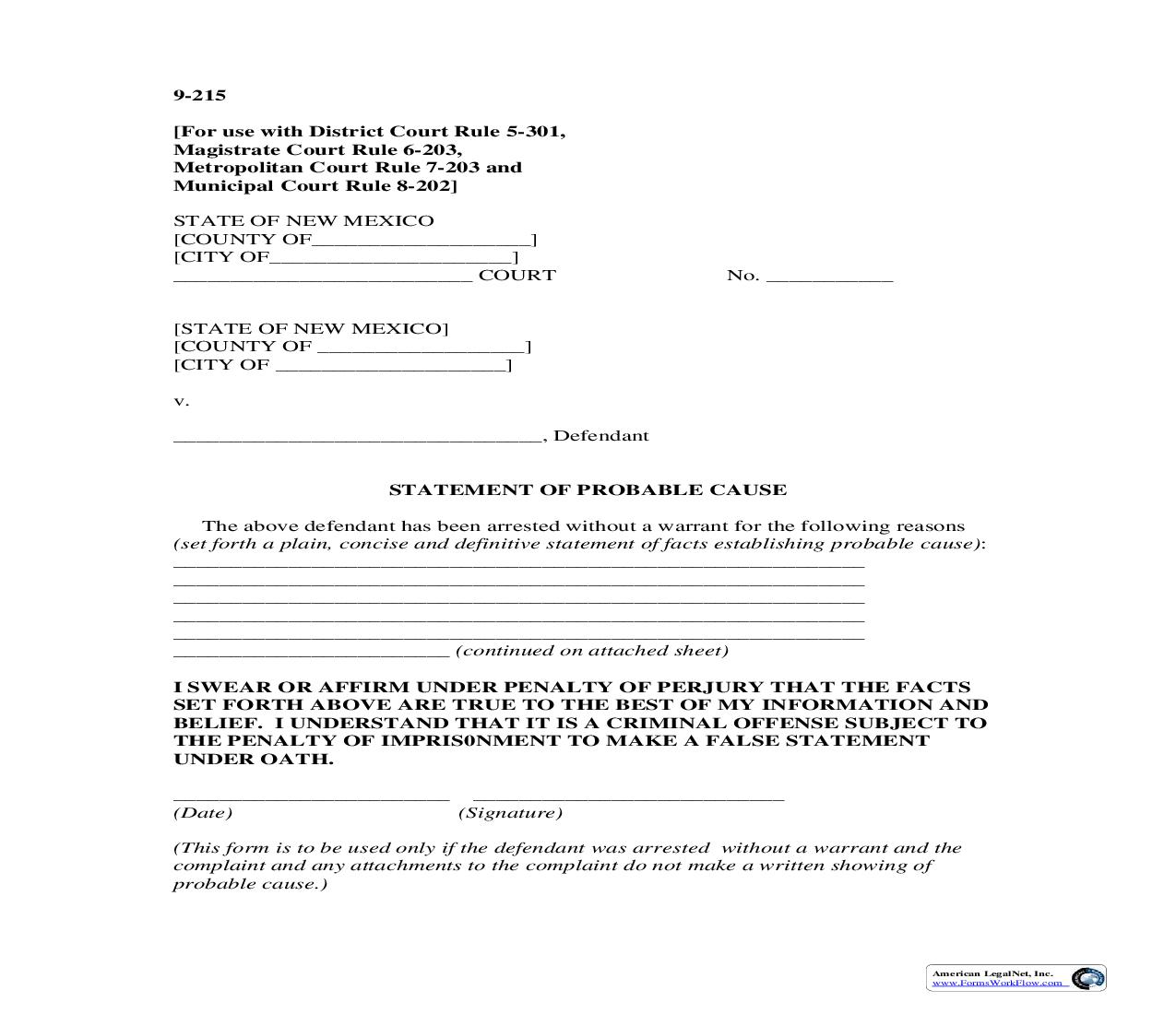 Statement Of Probable Cause {9-215} | Pdf Fpdf Doc Docx | New Mexico