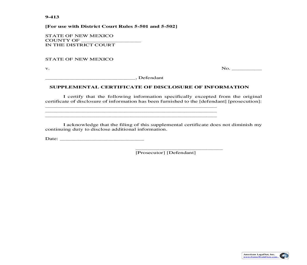 Supplemental Certificate Of Disclosure Of Information {9-413} | Pdf Fpdf Doc Docx | New Mexico
