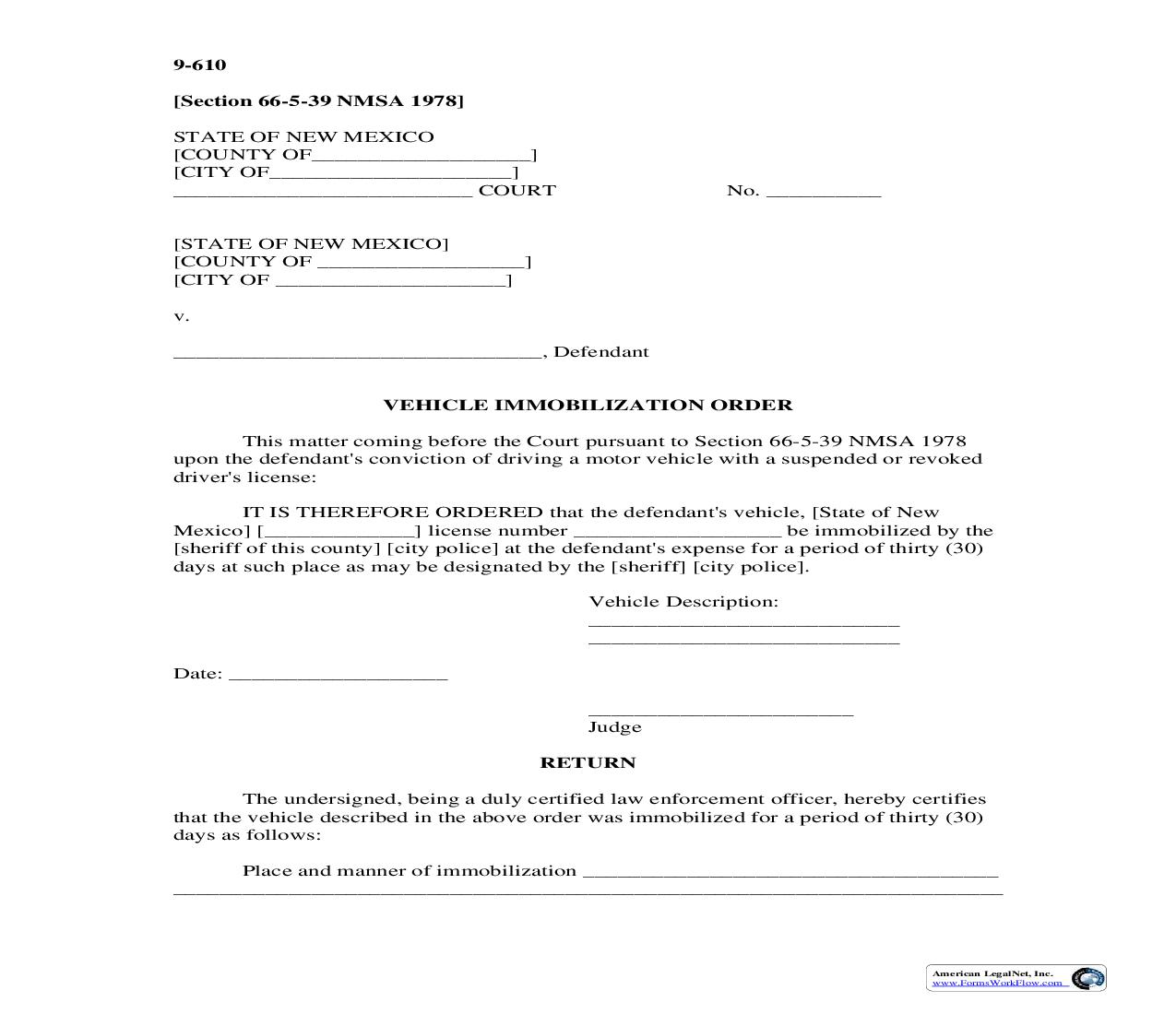 Vehicle Immobilization Order {9-610} | Pdf Fpdf Doc Docx | New Mexico