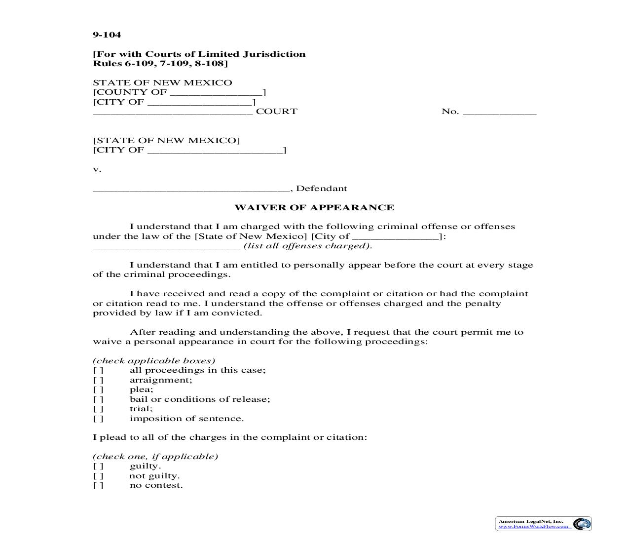 Waiver Of Appearance {9-104} | Pdf Fpdf Doc Docx | New Mexico