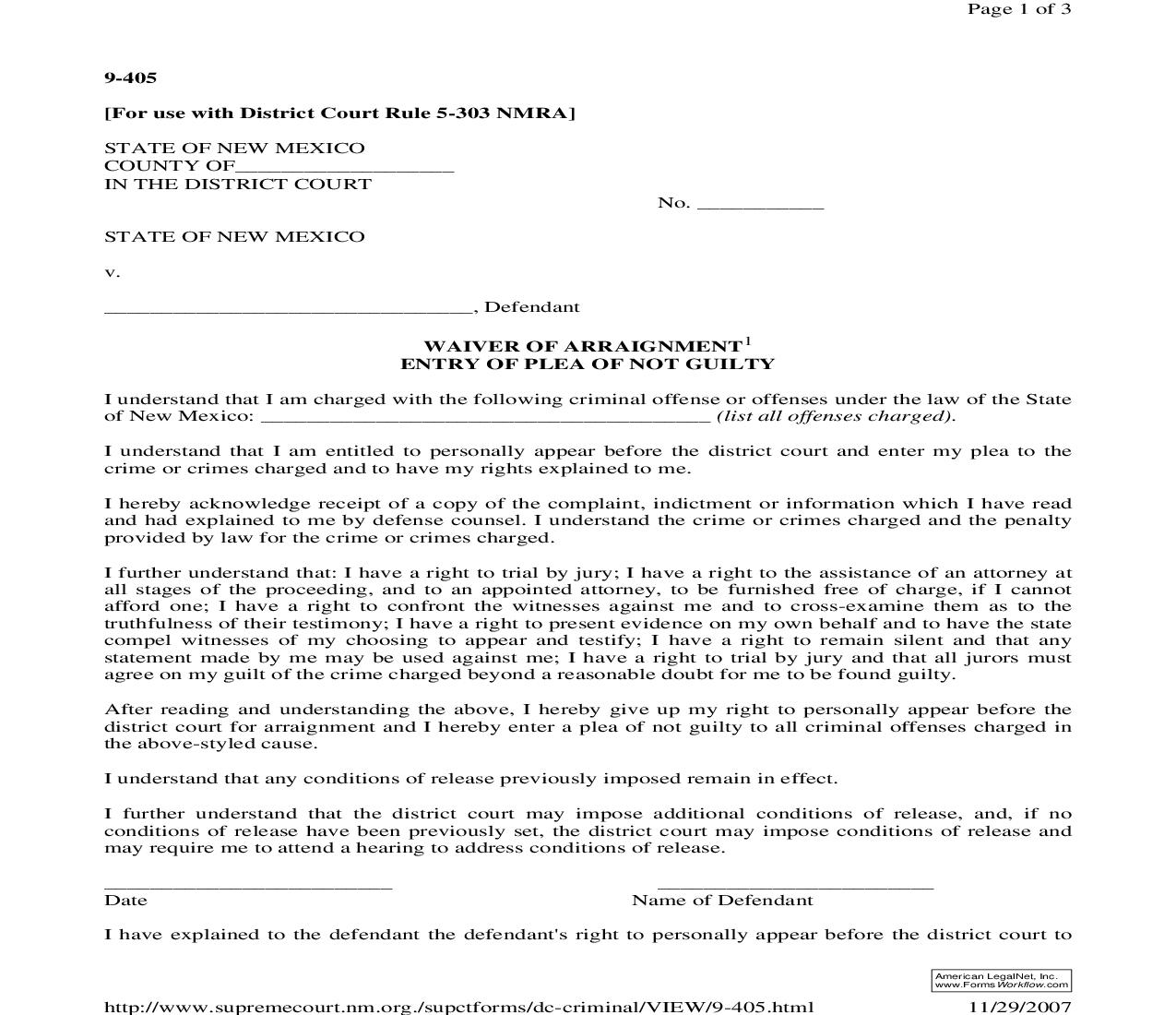 Waiver Of Arraignment - Entry Of Plea Of Not Guilty {9-405} | Pdf Fpdf Doc Docx | New Mexico