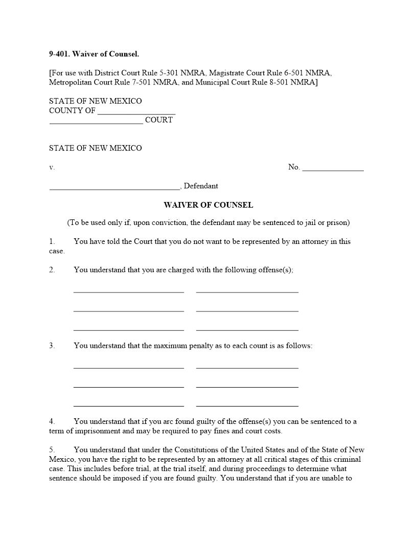 Waiver Of Counsel {9-401} | Pdf Fpdf Doc Docx | New Mexico