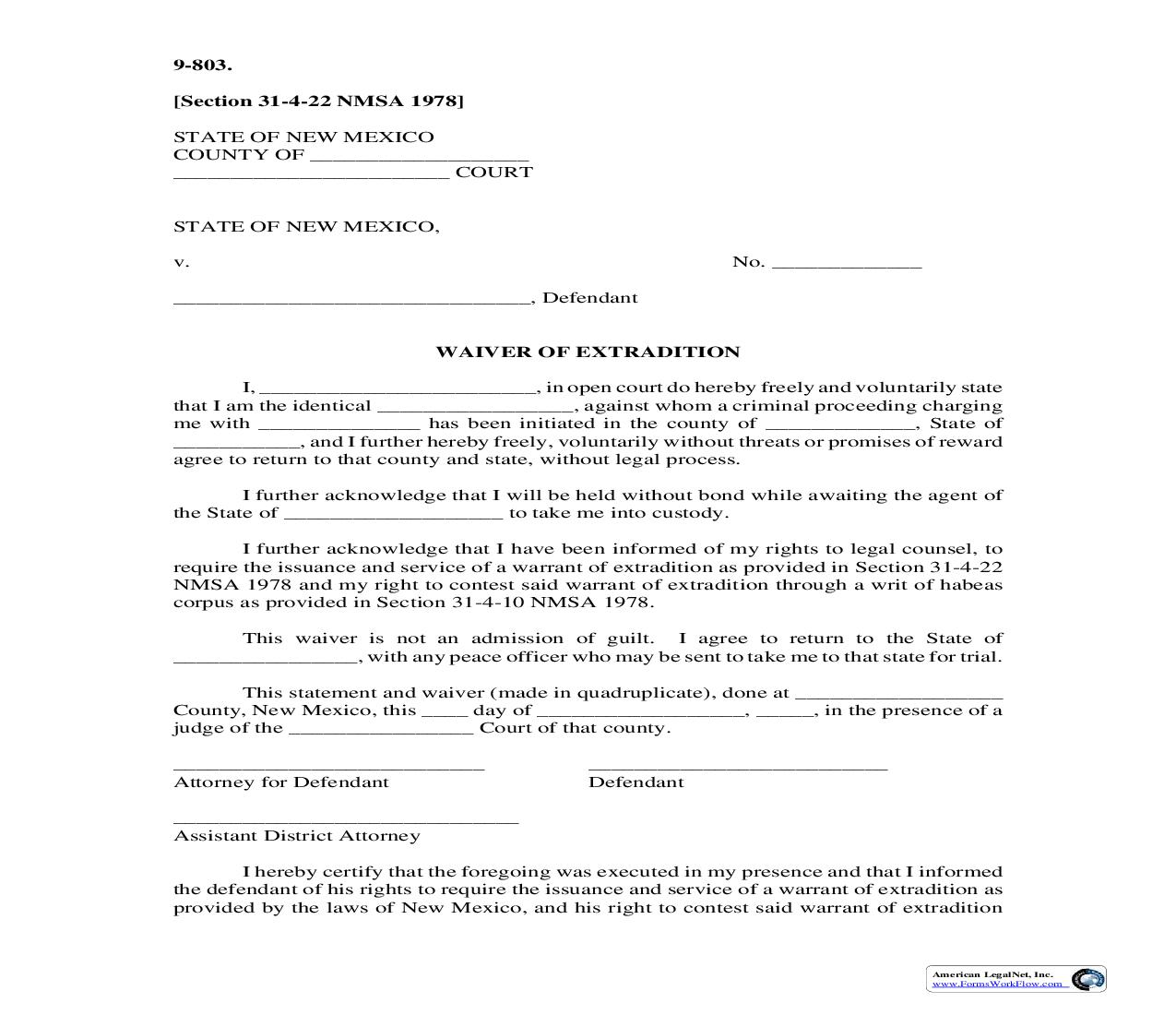 Waiver Of Extradition {9-803} | Pdf Fpdf Doc Docx | New Mexico