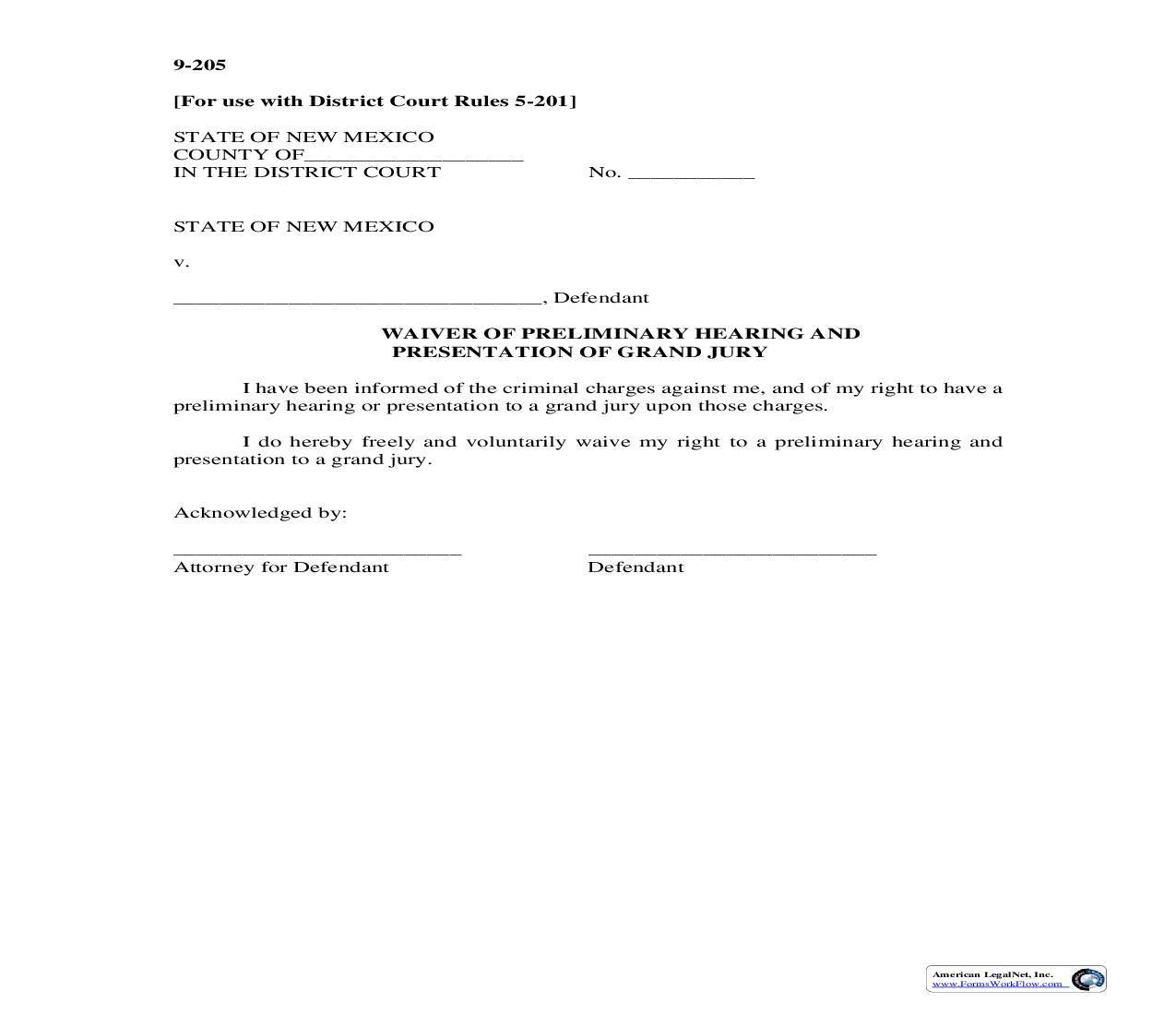 Waiver Of Preliminary Hearing And Presentation Of Grand Jury {9-205} | Pdf Fpdf Doc Docx | New Mexico