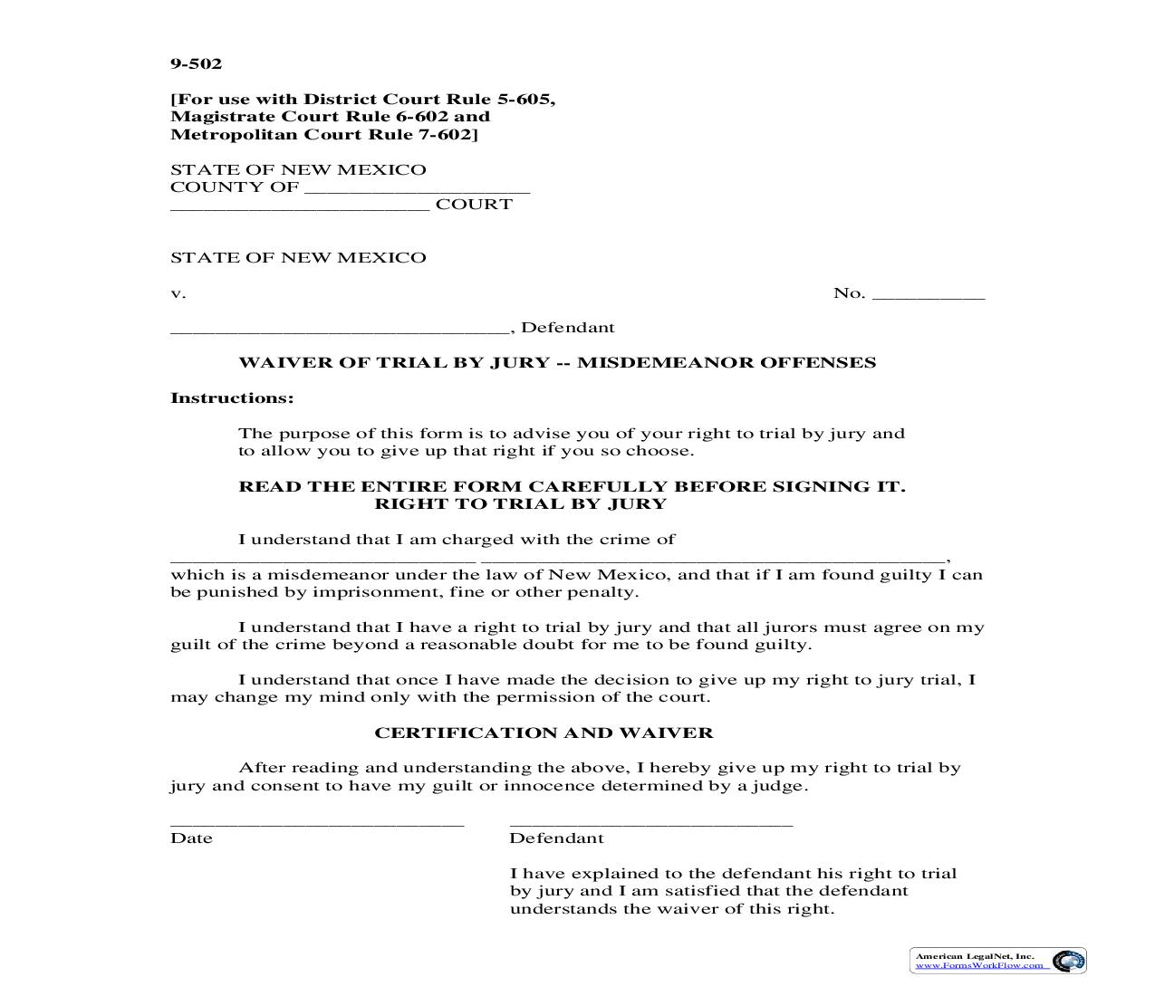 Waiver Of Trial By Jury - Misdemeanor Offenses {9-502} | Pdf Fpdf Doc Docx | New Mexico