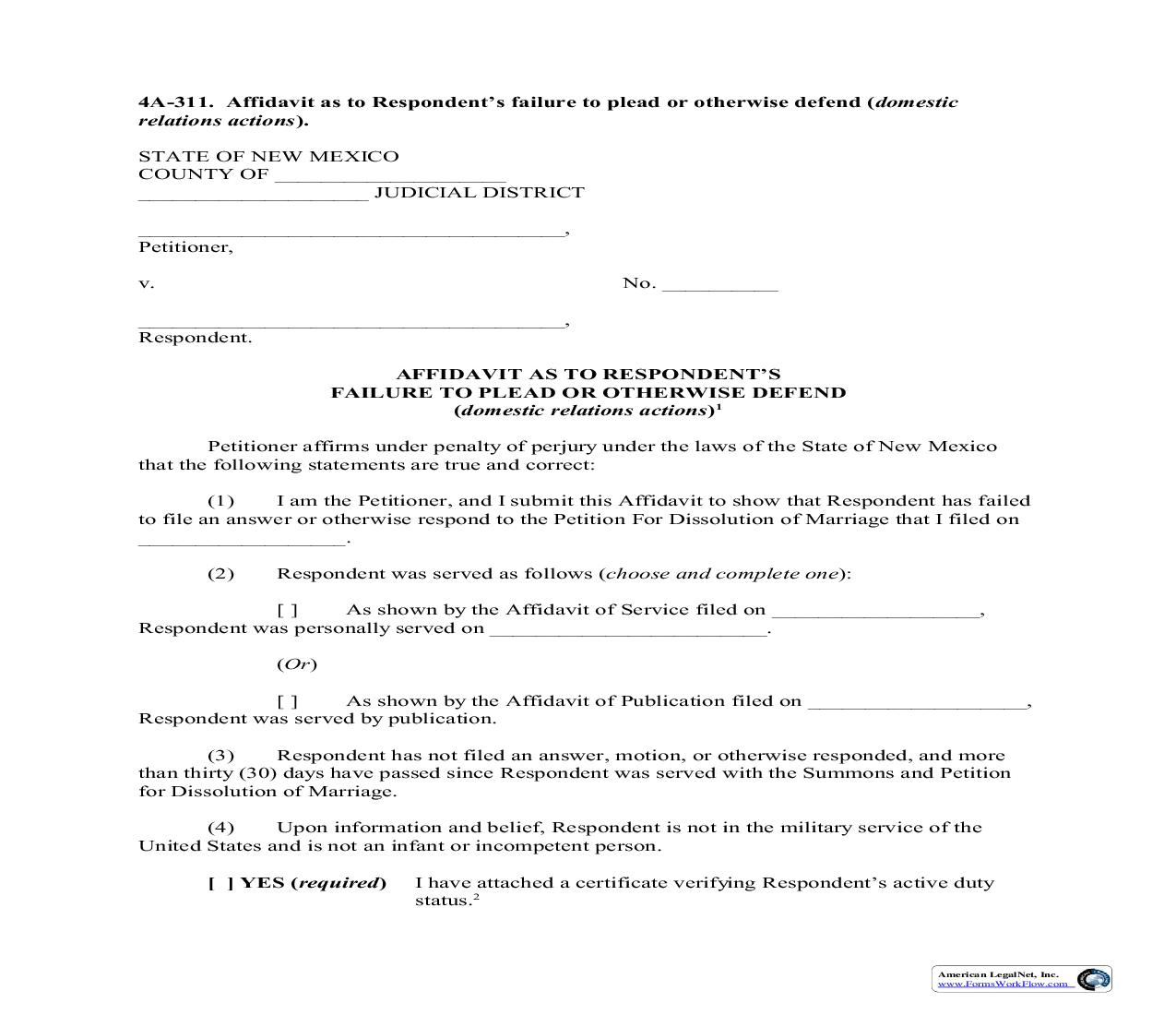 Affidavit As To Respondents Failure To Plead Or Otherwise Defend (Domestic Relations Action) {4A-311} | Pdf Fpdf Doc Docx | New Mexico