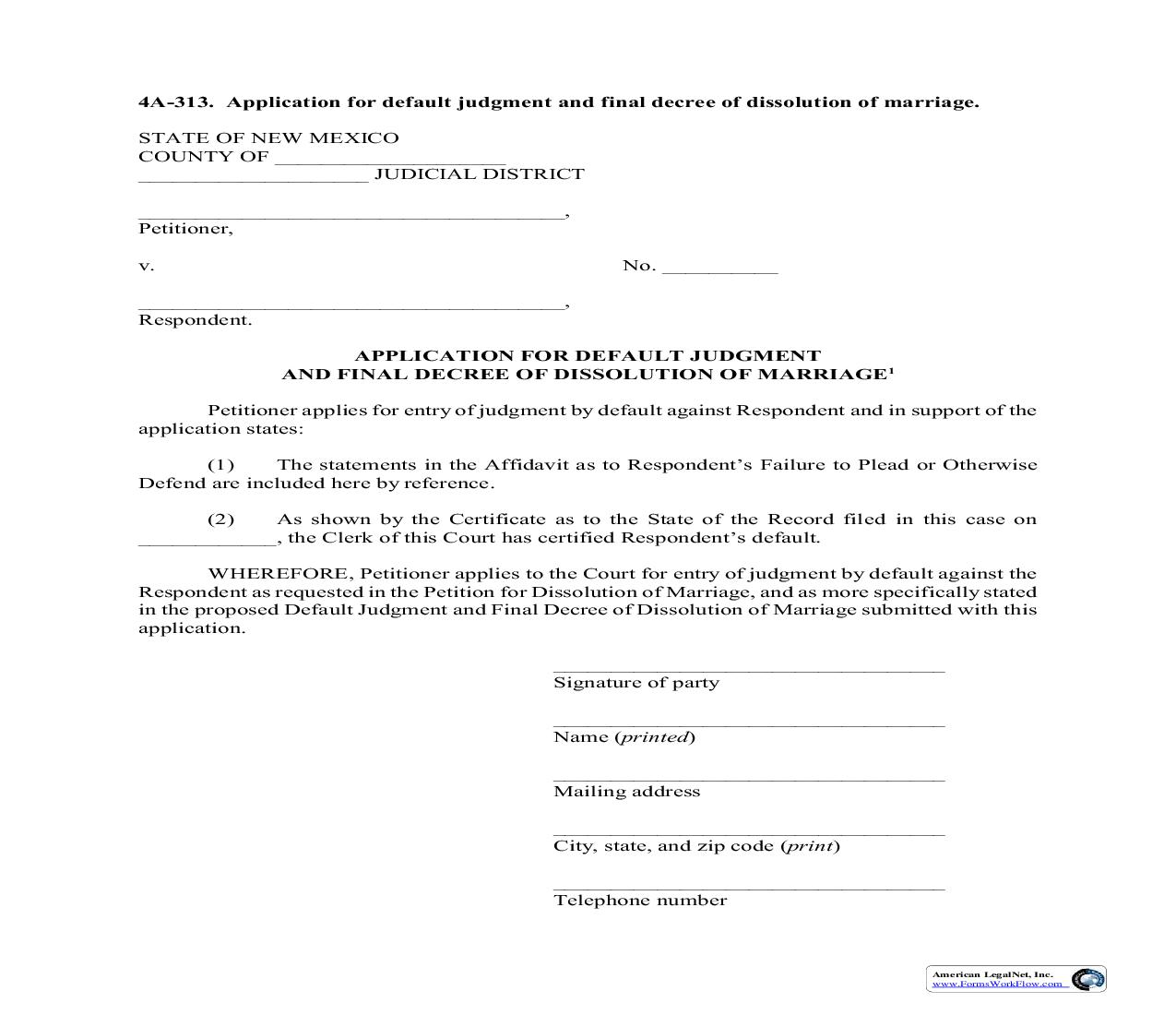 Application For Default Judgment And Final Decree Of Dissolutio Of Marriage {4A-313} | Pdf Fpdf Doc Docx | New Mexico