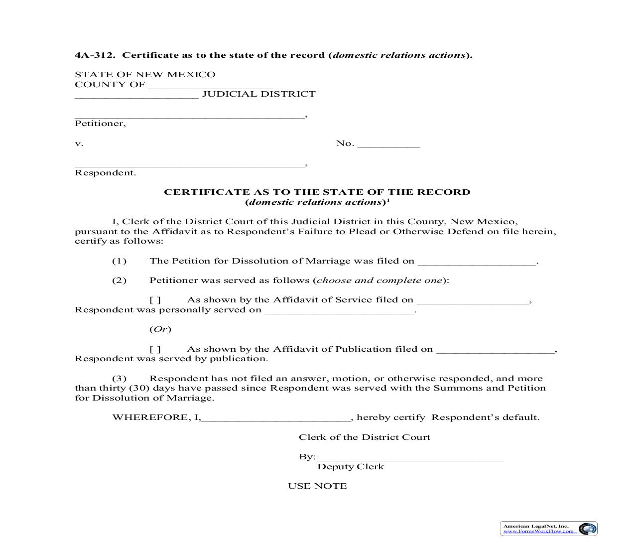 Certificate As To The State Of The Record (Domestic Relations Action) {4A-312} | Pdf Fpdf Doc Docx | New Mexico
