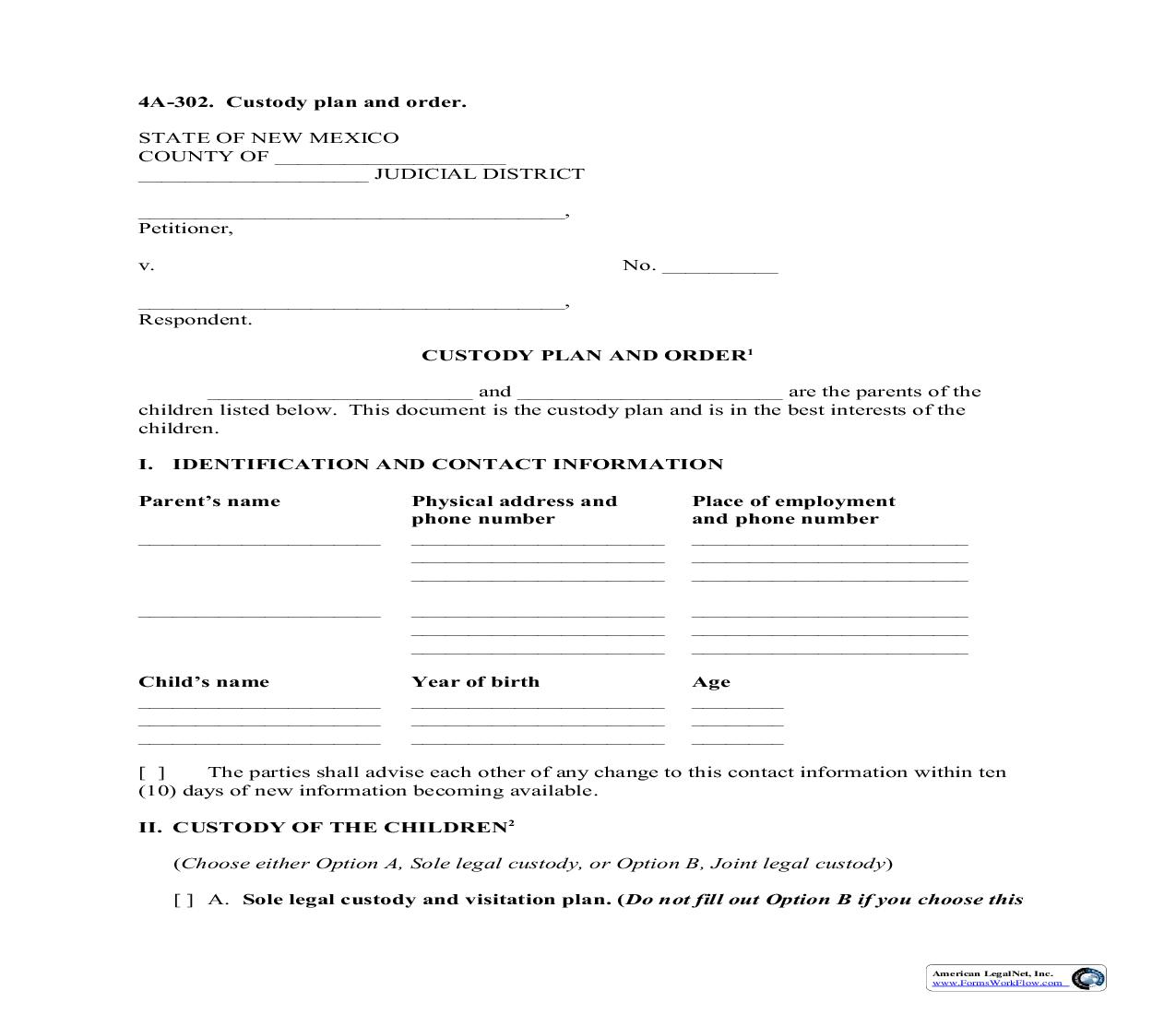 Custody Plan {4A-302} | Pdf Fpdf Doc Docx | New Mexico