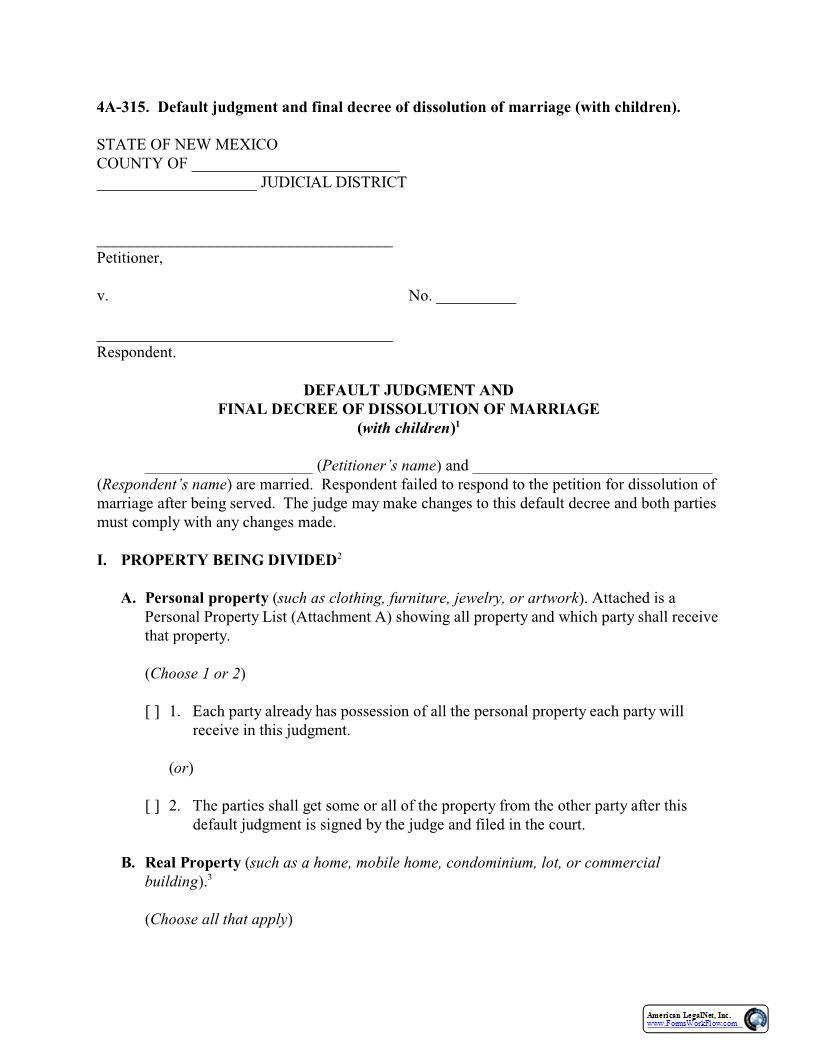 Default Judgment And Final Decree Of Dissolution Of Marriage (With Children) {4A-315} | Pdf Fpdf Docx | New Mexico