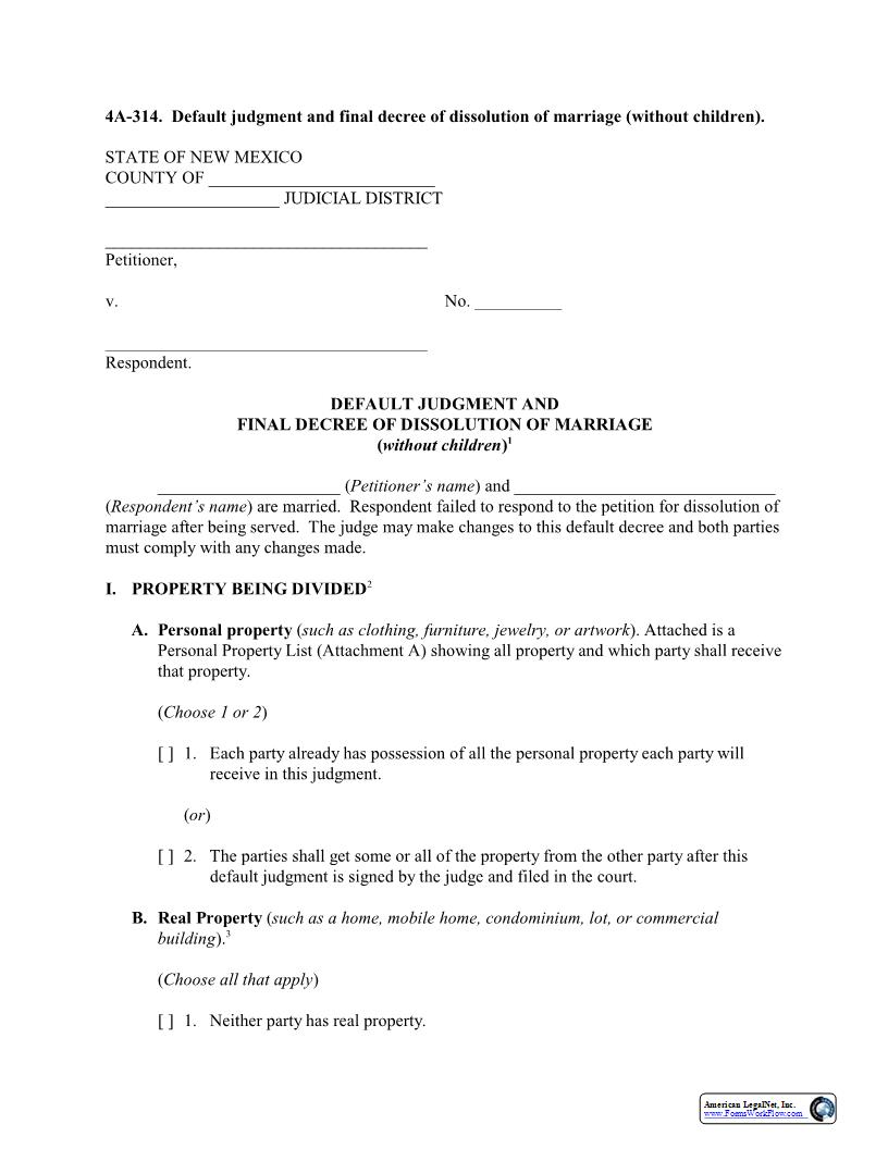 Default Judgment And Final Decree Of Dissolution Of Marriage (Without Children) {4A-314} | Pdf Fpdf Docx | New Mexico