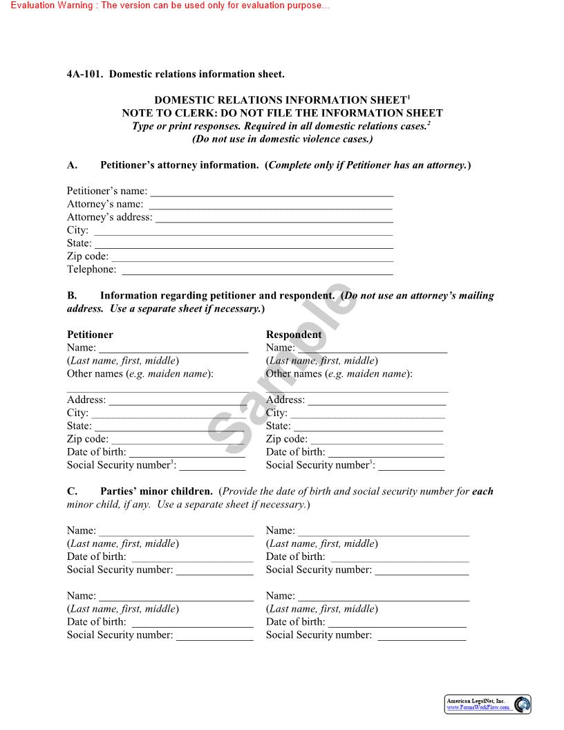 Domestic Relations Information Sheet {4A-101} | Pdf Fpdf Doc Docx | New Mexico
