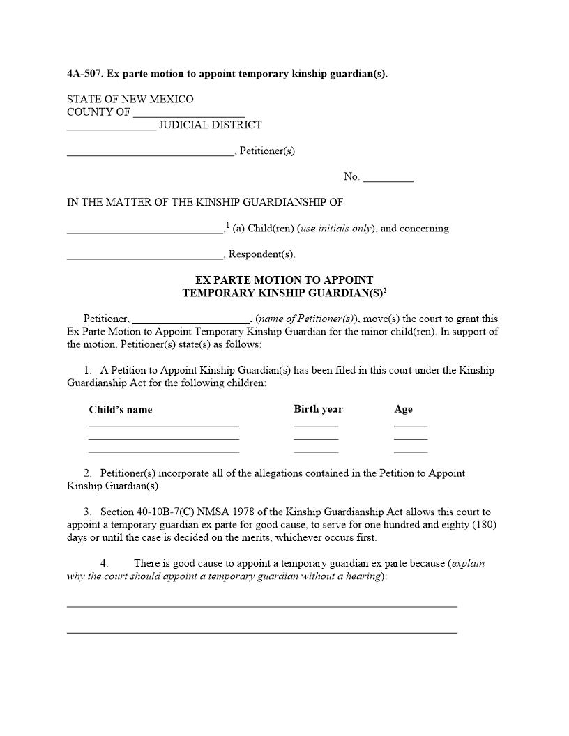 Ex Parte Motion To Appoint Temp Kinship Guardian {4A-507} | Pdf Fpdf Docx | New Mexico