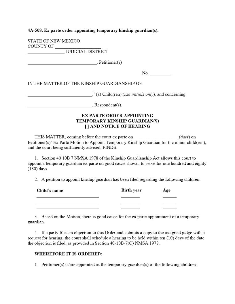 Ex Parte Order Appointing Temp Kinship Guardian {4A-508} | Pdf Fpdf Docx | New Mexico