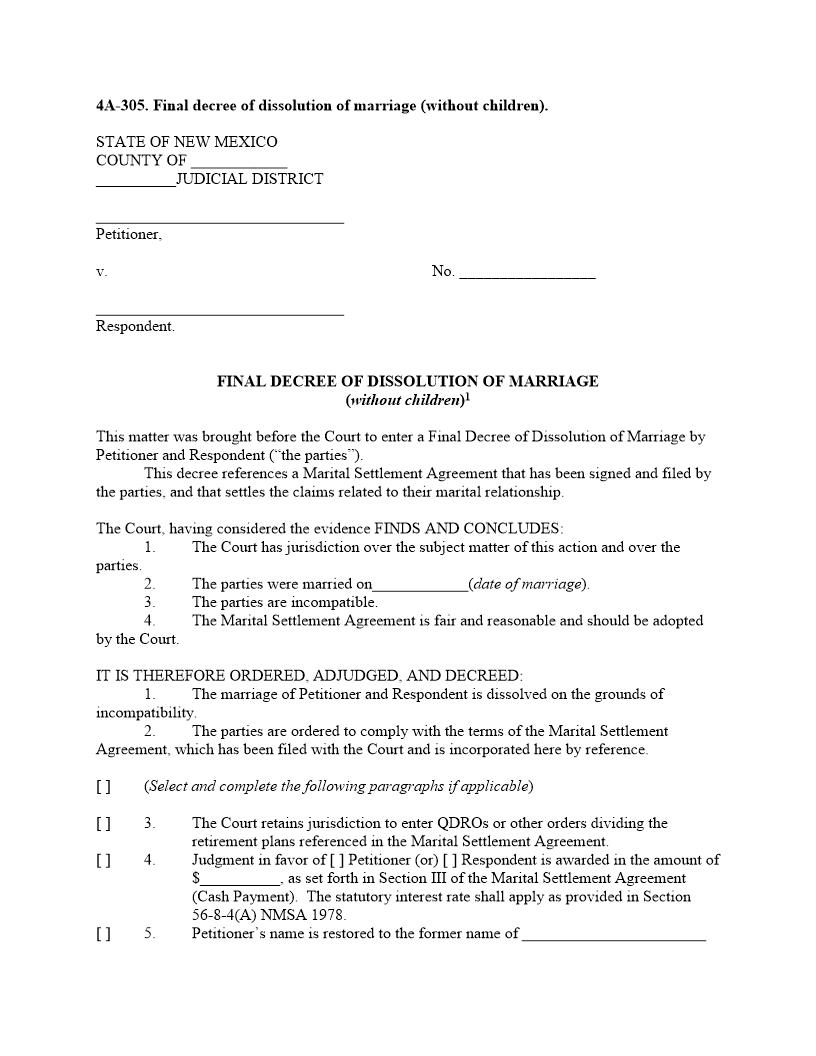 Final Decree Of Dissolution Of Marriage {4A-305} | Pdf Fpdf Docx | New Mexico