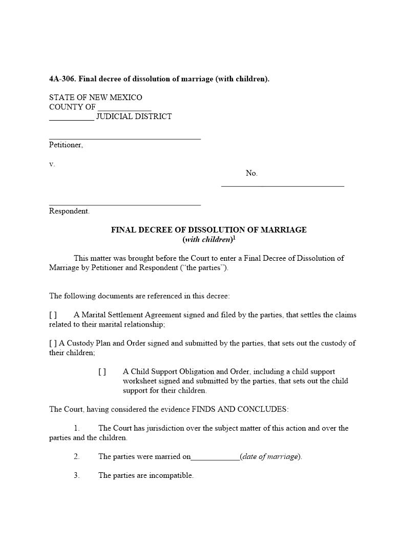 Final Decree Of Dissolution Of Marriage (With Children) {4A-306} | Pdf Fpdf Docx | New Mexico