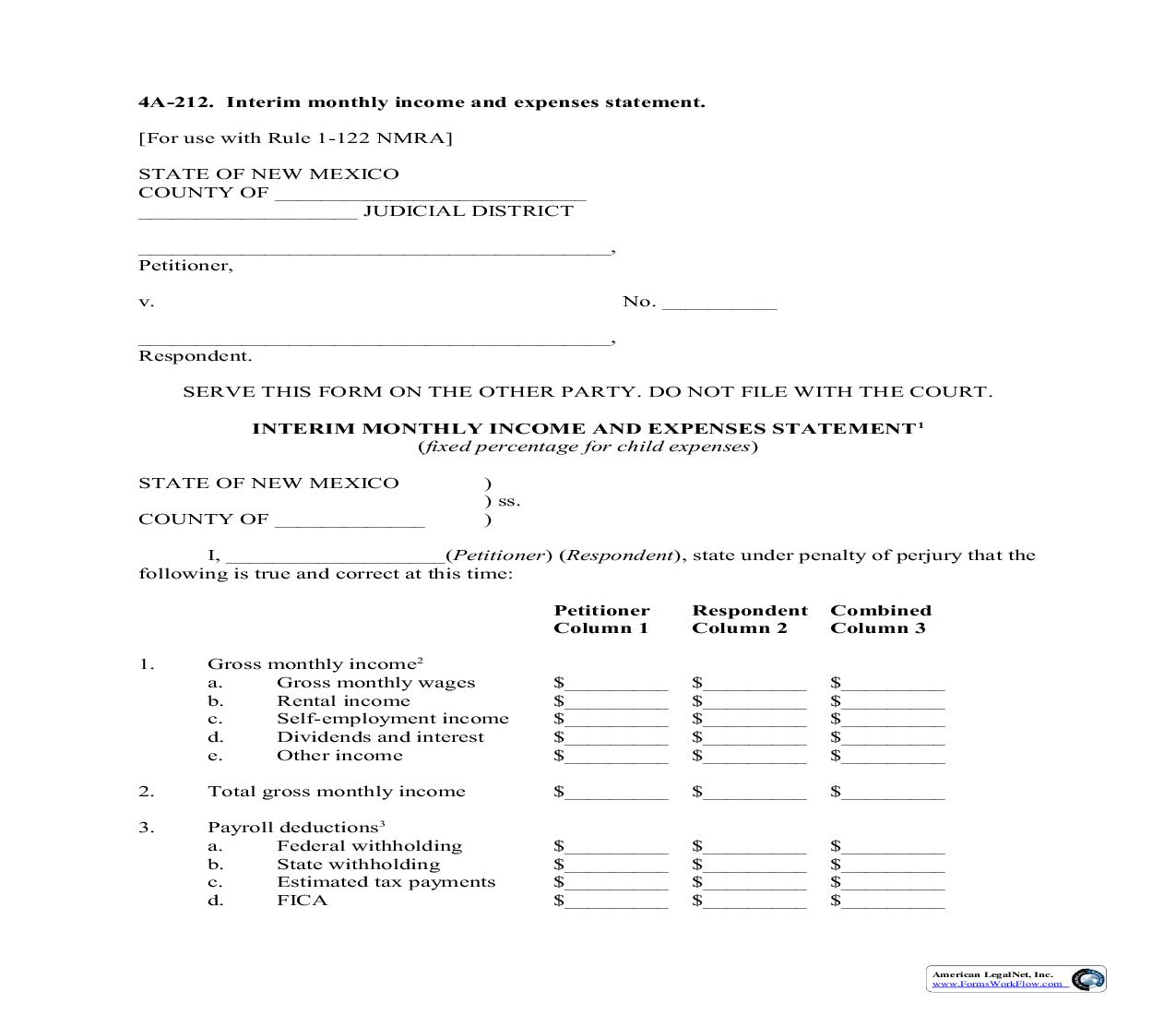 Interim Monthly Income And Expense Statement {4A-212} | Pdf Fpdf Doc Docx | New Mexico