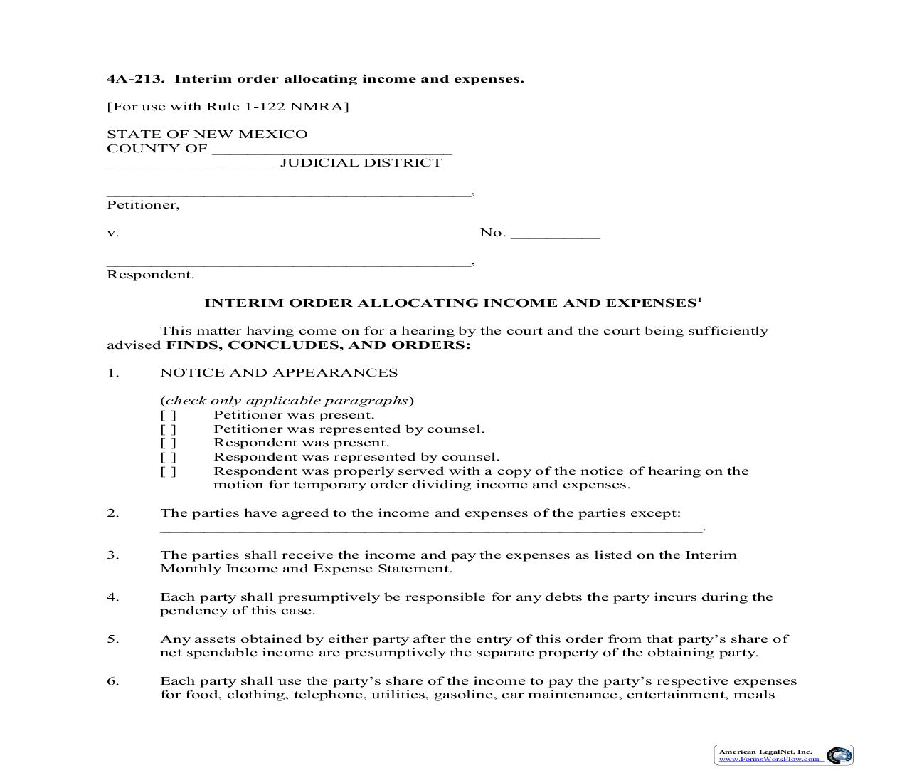 Interim Order Allocating Income And Expenses {4A-213} | Pdf Fpdf Doc Docx | New Mexico