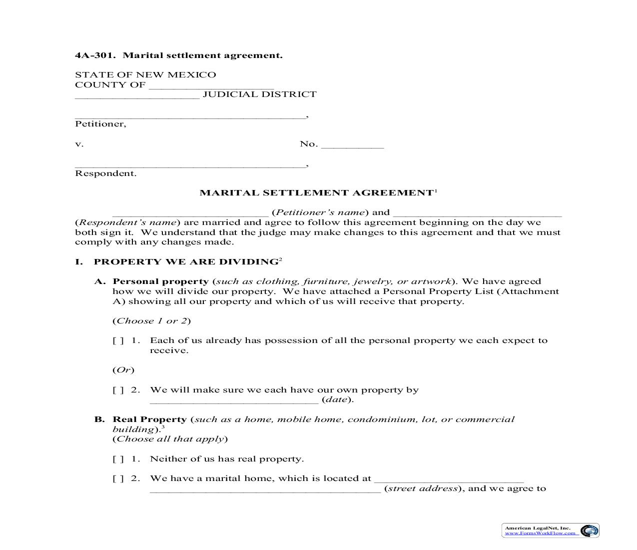 Marital Settlement Agreement {4A-301} | Pdf Fpdf Doc Docx | New Mexico