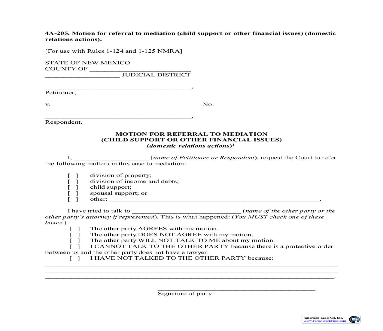 Motion For Referral To Mediation (Child Support Or Other Financial Issues) {4A-205} | Pdf Fpdf Doc Docx | New Mexico