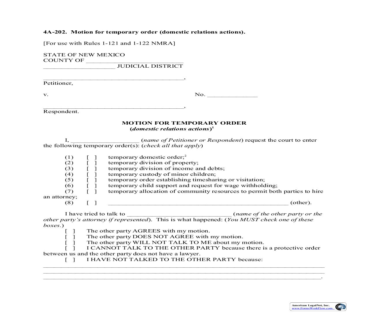 Motion For Temporary Order {4A-202} | Pdf Fpdf Doc Docx | New Mexico