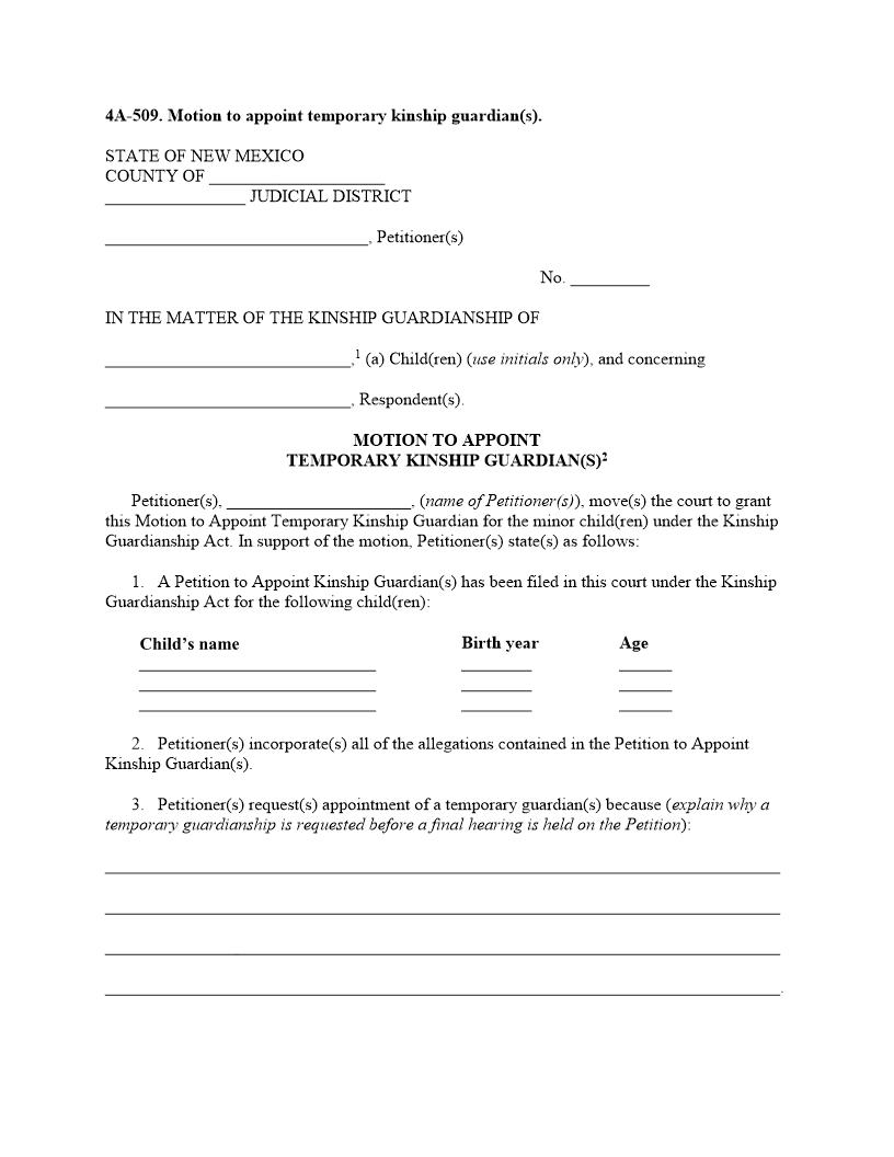 Motion To Appoint Temp Kinship Guardian {4A-509} | Pdf Fpdf Docx | New Mexico