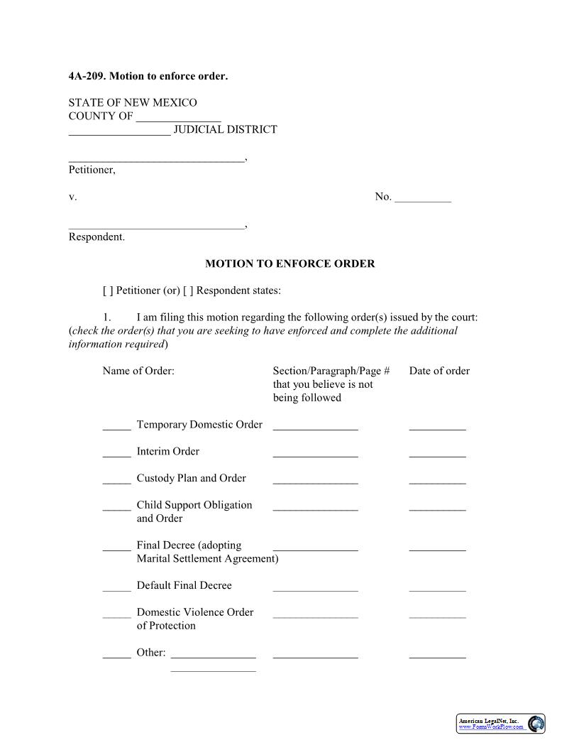 Motion To Enforce Order {4A-209} | Pdf Fpdf Docx | New Mexico