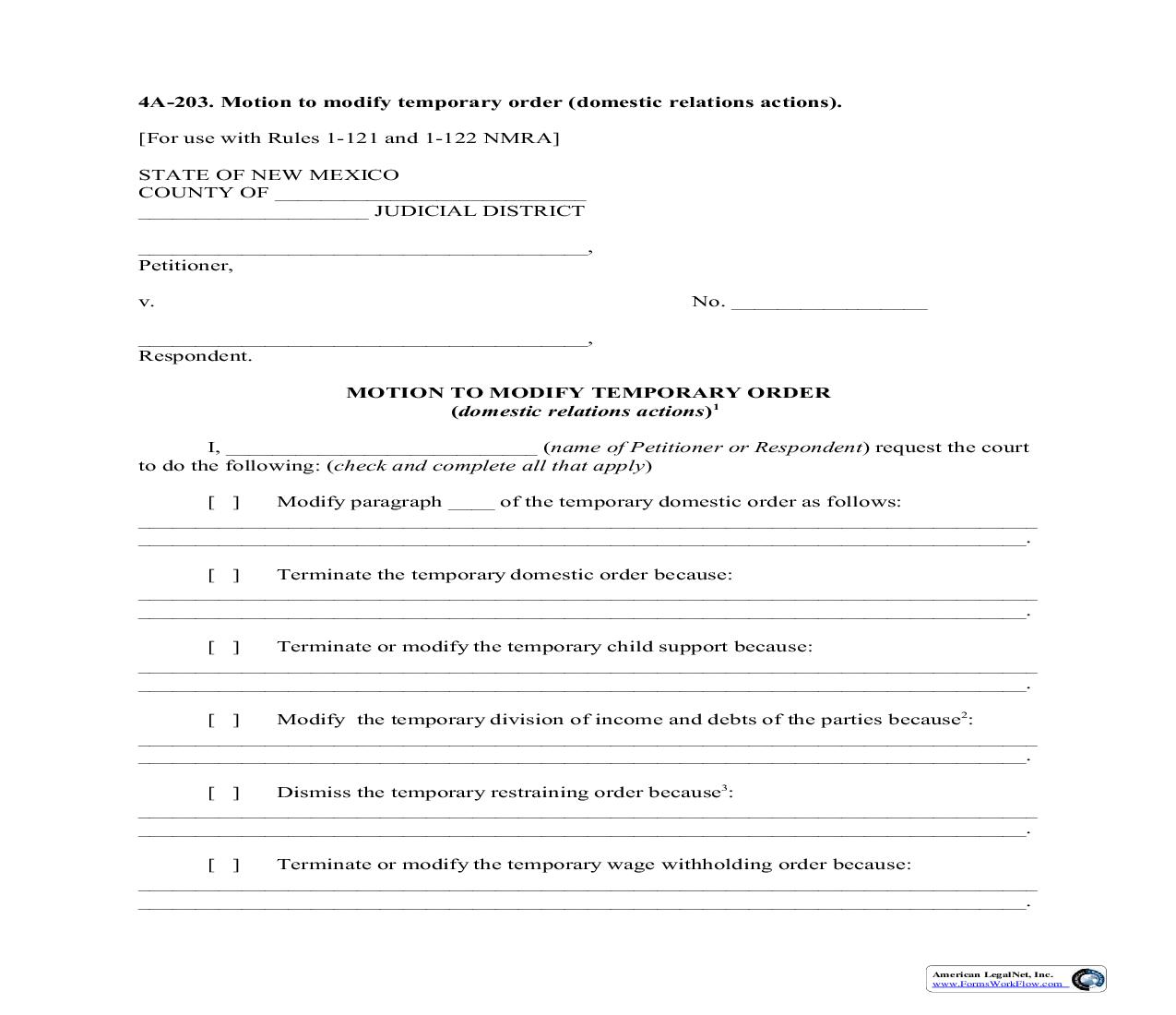 Motion To Modify Temporary Order {4A-203} | Pdf Fpdf Doc Docx | New Mexico