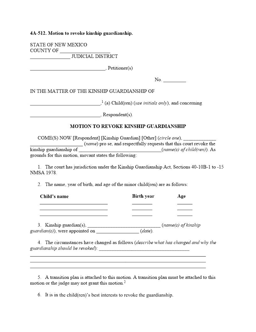 Motion To Revoke Kinship Guardianship {4A-512} | Pdf Fpdf Docx | New Mexico