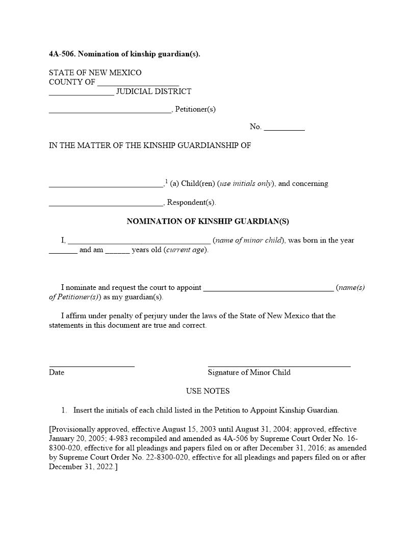 Nomination Of Kinship Guardianship {4A-506} | Pdf Fpdf Docx | New Mexico