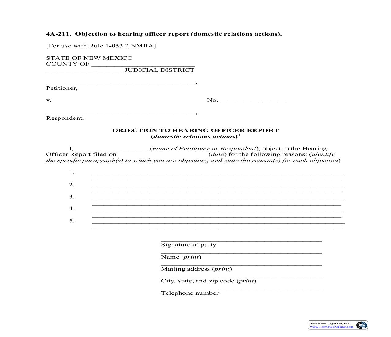 Objection To Hearing Officer Recommendation (Domestic Relations Action) {4A-211} | Pdf Fpdf Doc Docx | New Mexico