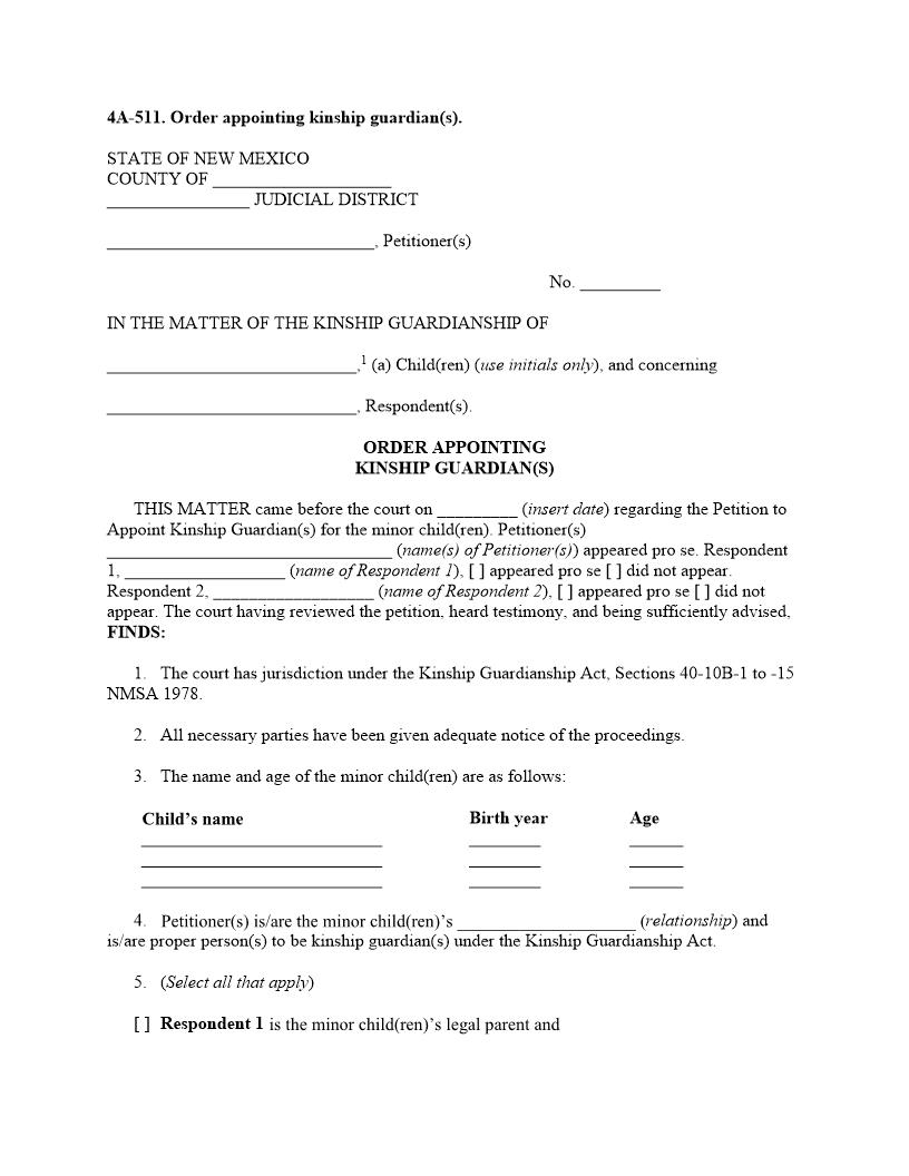 Order Appointing Kinship Guardian {4A-511} | Pdf Fpdf Docx | New Mexico