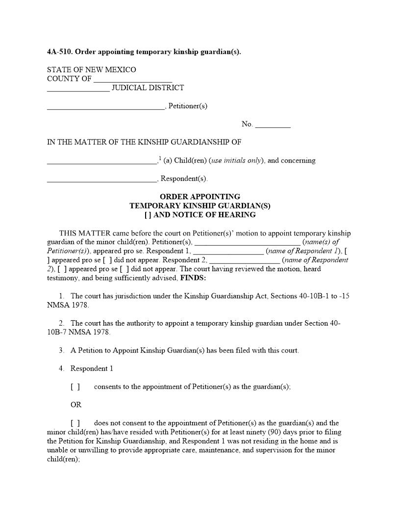 Order Appointing Temp Kinship Guardian {4A-510} | Pdf Fpdf Docx | New Mexico