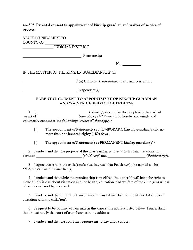 Parental Consent To Appointment Of Kinship Guardianship {4A-505} | Pdf Fpdf Docx | New Mexico