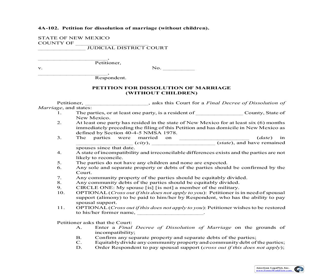 Petition For Dissolution Of Marriage (No Children) {4A-102} | Pdf Fpdf Doc Docx | New Mexico