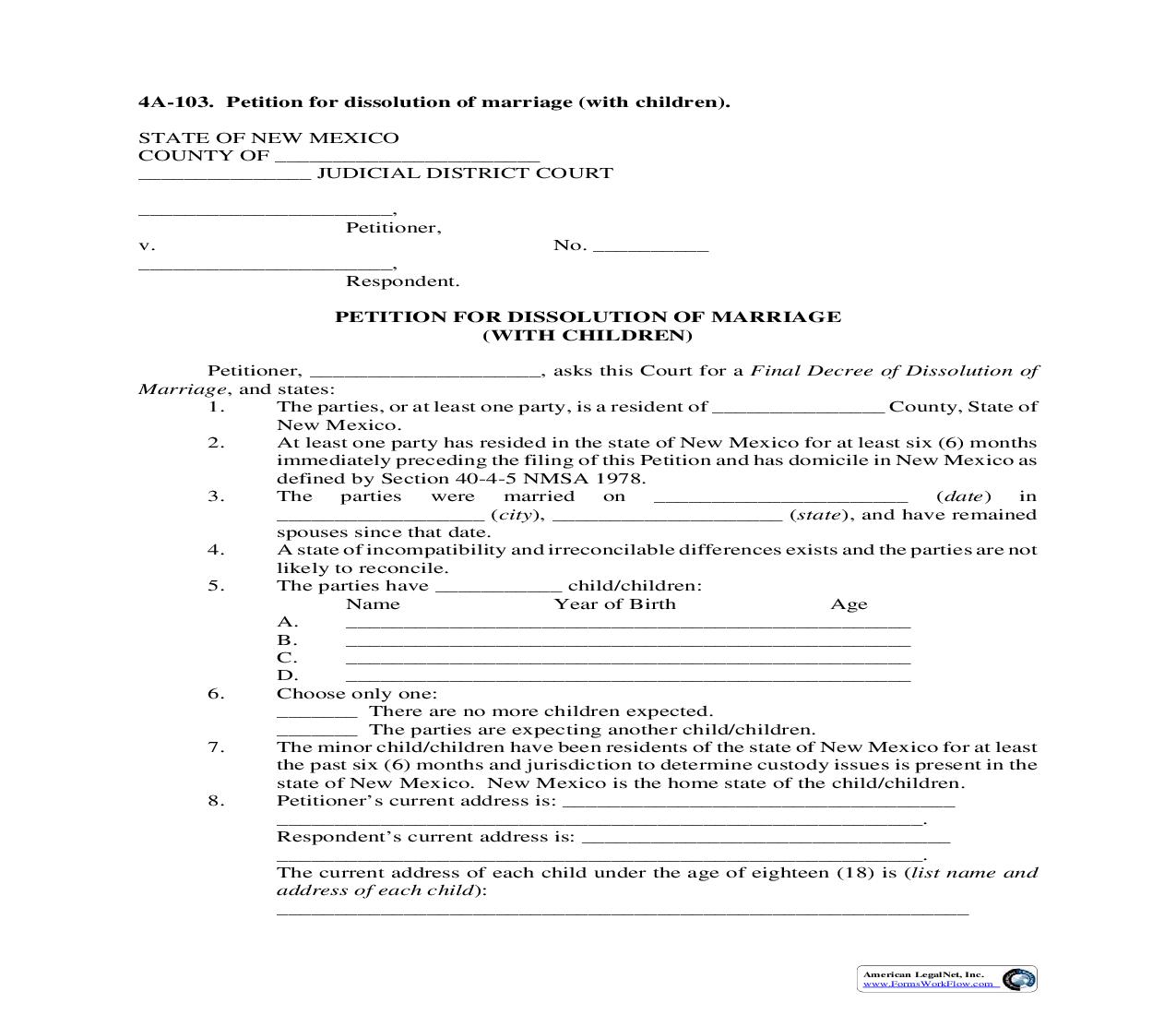 Petition For Dissolution Of Marriage (With Children) {4A-103} | Pdf Fpdf Docx | New Mexico