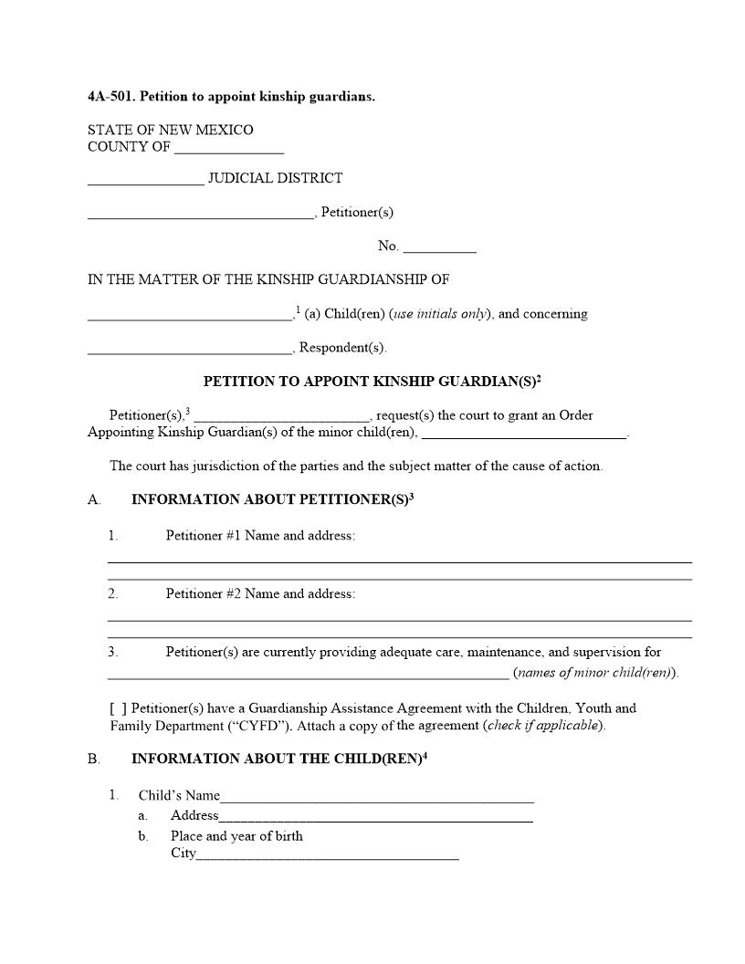 Petition To Appoint Kinship Guardianship {4A-501} | Pdf Fpdf Docx | New Mexico