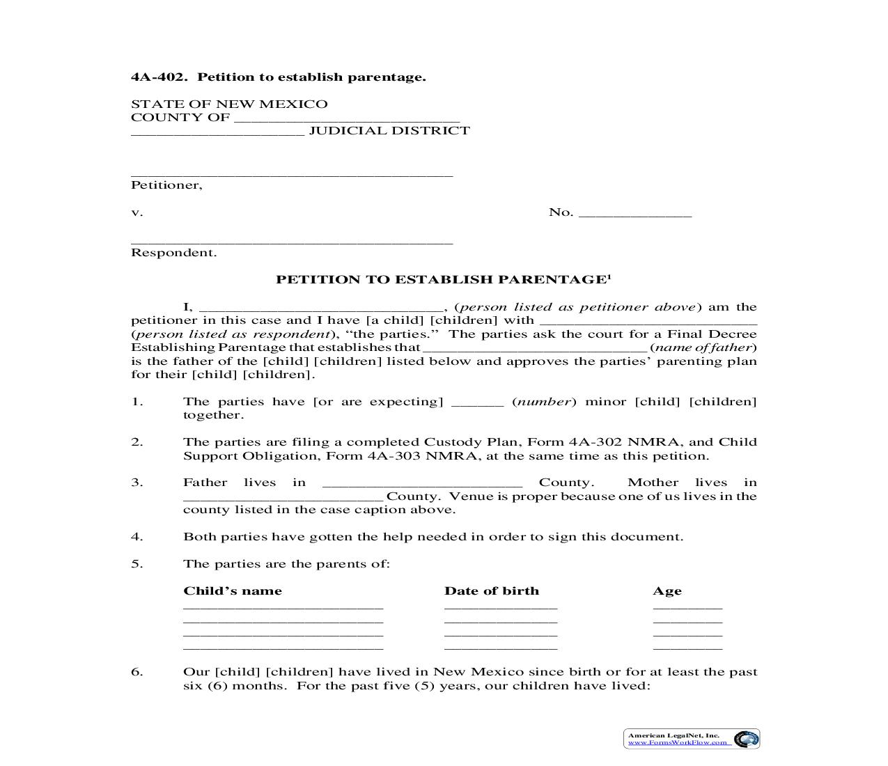 Petition To Establish Parentage {4A-402} | Pdf Fpdf Doc Docx | New Mexico
