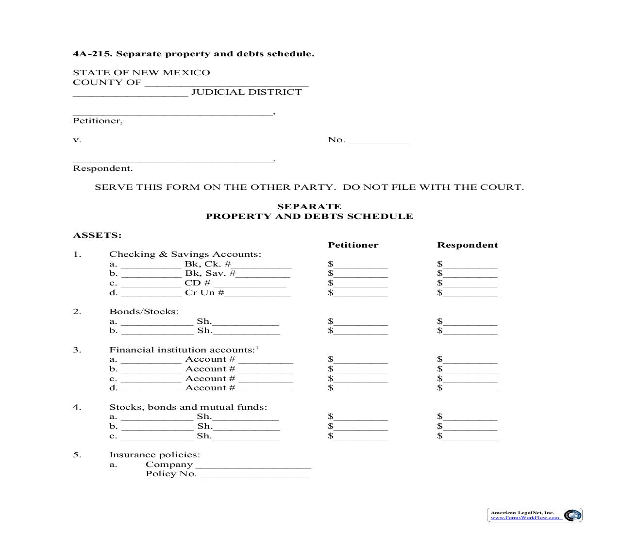 Separate Property And Liabilities Schedule {4A-215} | Pdf Fpdf Doc Docx | New Mexico